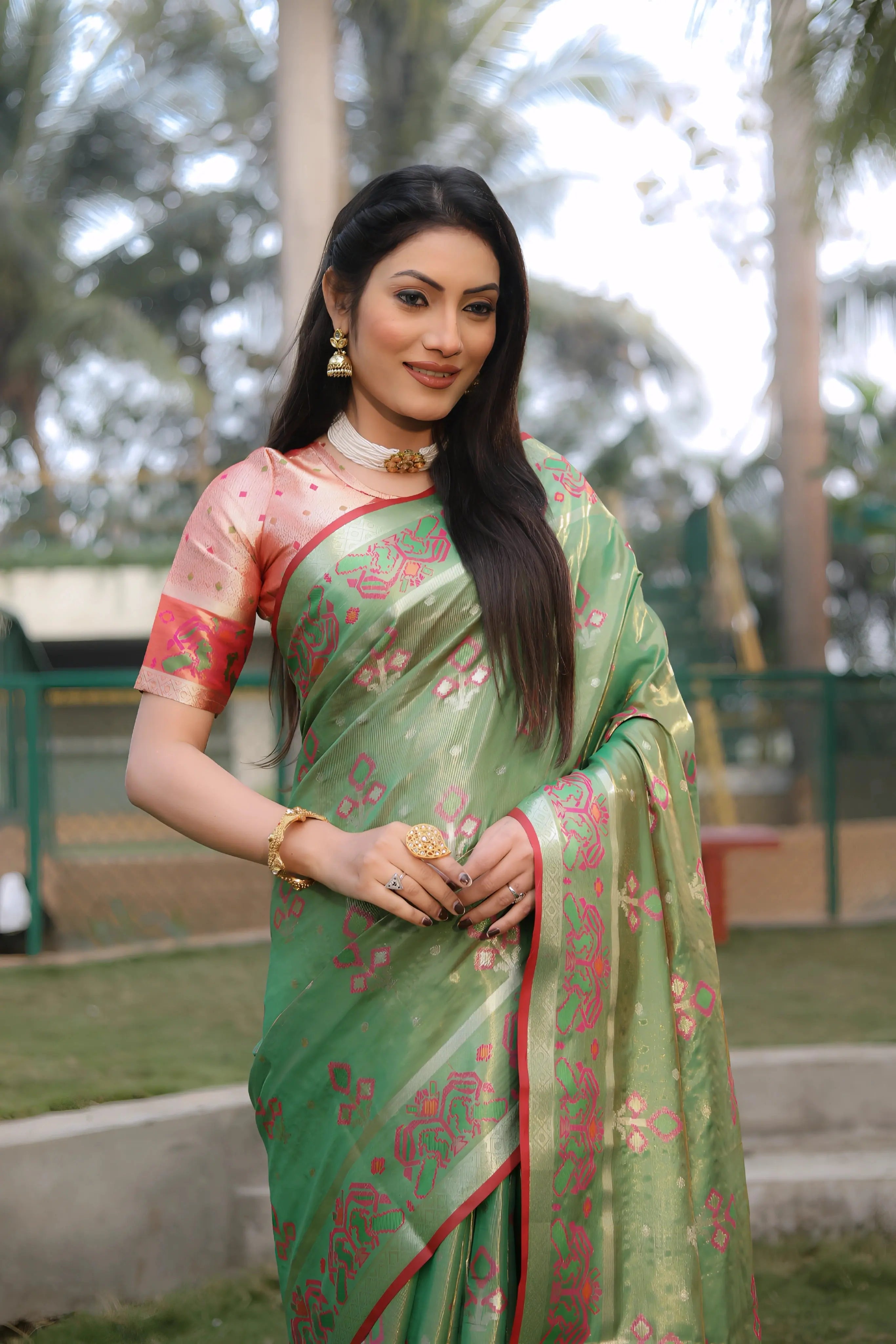 Light Green Ikkat Patola Weaving Organza Silk Saree